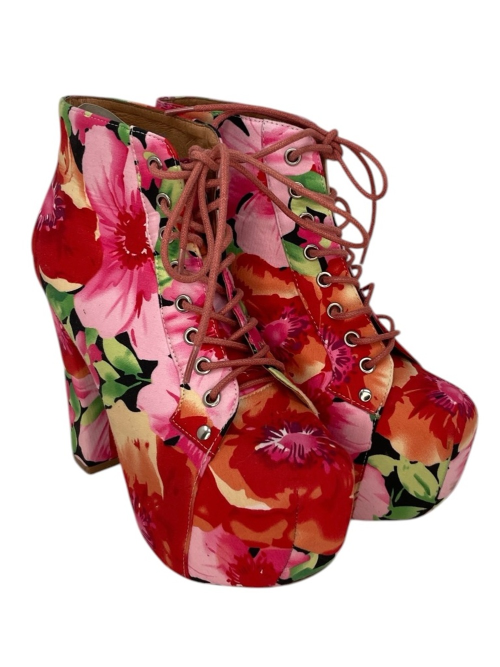 Jeffery Campbell Lita Fab Ankle Boots Floral Lace Up Platform Booties Pink Red 6